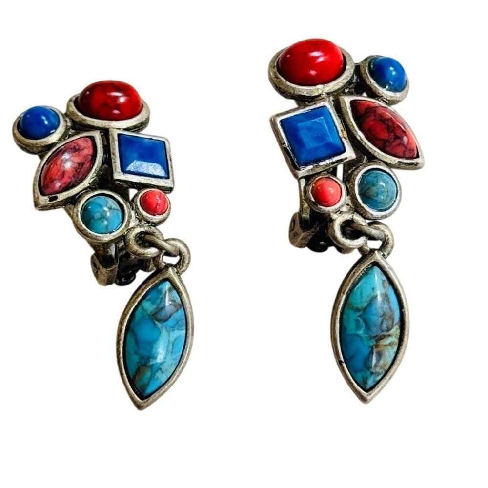 VTG Western Style Chunky Silver Earrings Faux Turquoise cabochon Dangle Clip 2"